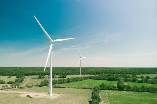 View of two wind turbines