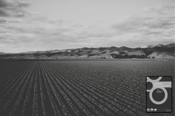A field of crops stretches across the image and the cover of the Carbon Management journal sits in the bottom right corner. All is covered by a black-and-white filter.